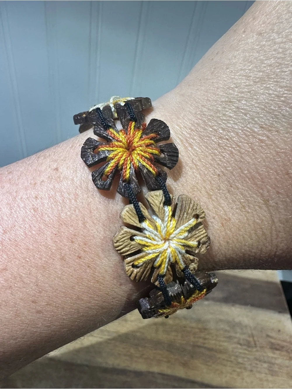 Handmade Floral Leather Bracelet in Brown with Yellow & Cream Embroidery